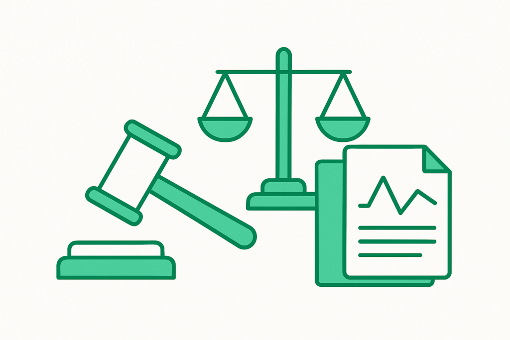 Illustration verte d’un marteau de commissaire-priseur, d’une balance de justice et de documents financiers