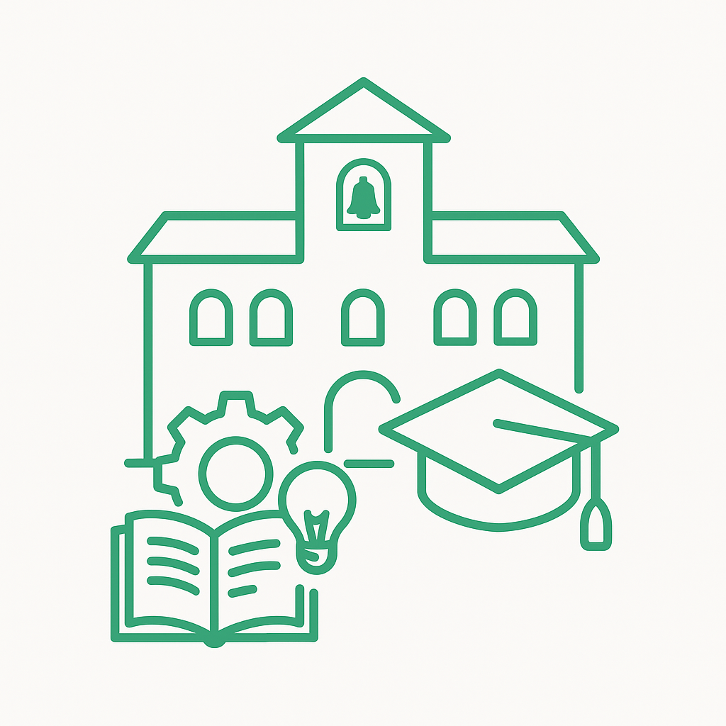 Illustration verte d’un bâtiment scolaire, d’un livre ouvert, d’une ampoule et d’un chapeau de diplômé représentant les établissements OGEC et l’éducation