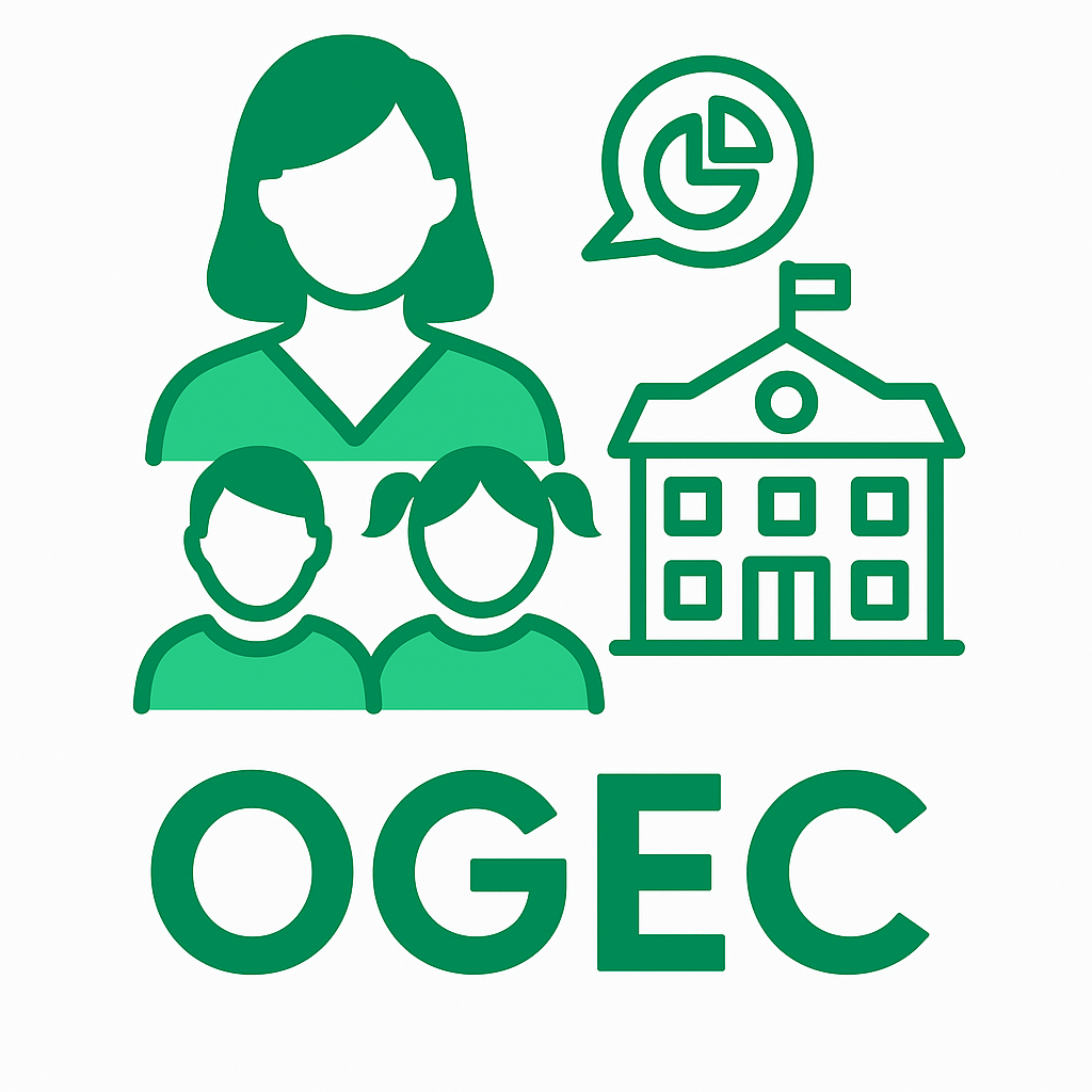 Illustration verte avec un bâtiment scolaire, une enseignante et deux élèves représentant les établissements OGEC
