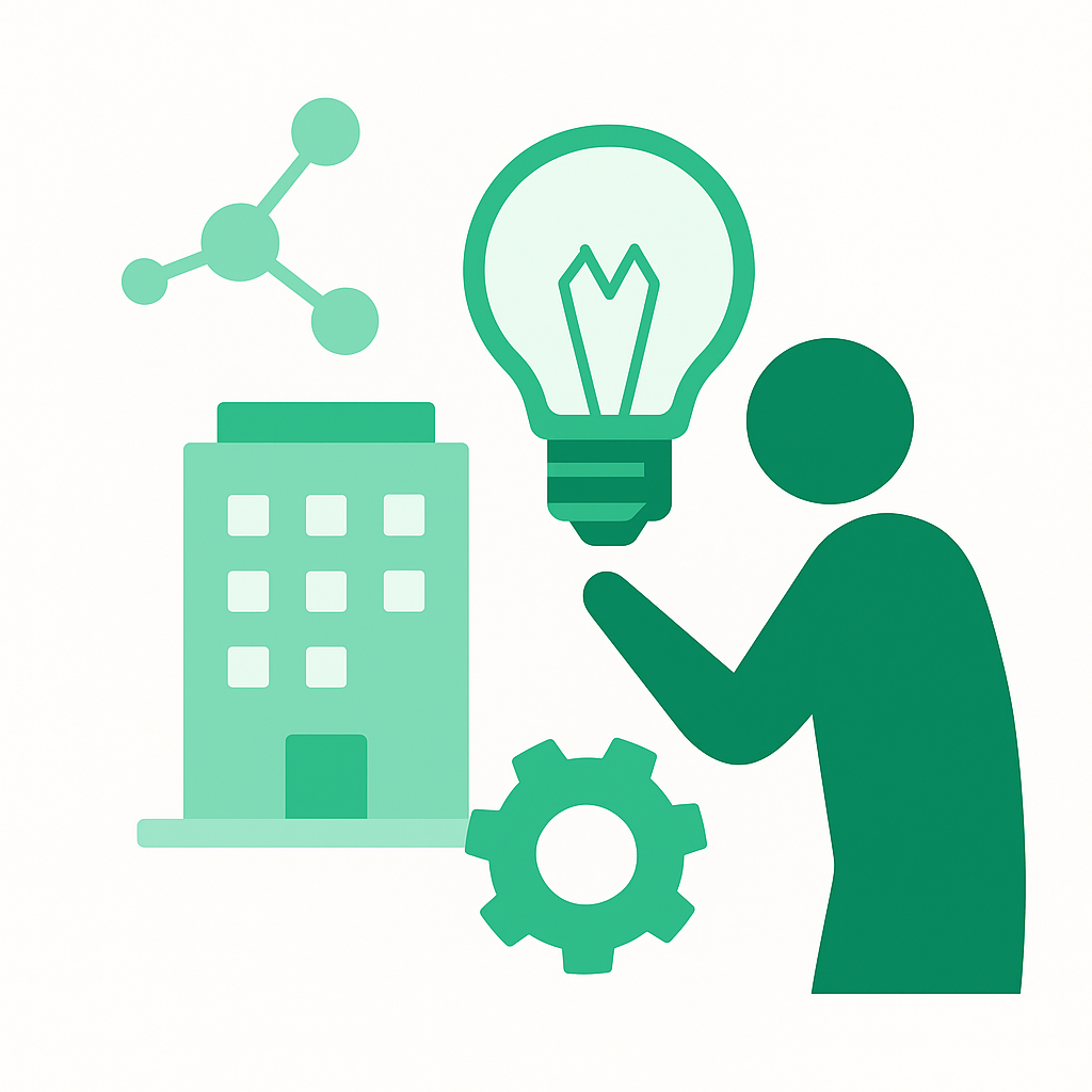 Illustration verte représentant l’innovation et la R&D avec une ampoule, des engrenages, un bâtiment et une silhouette humaine