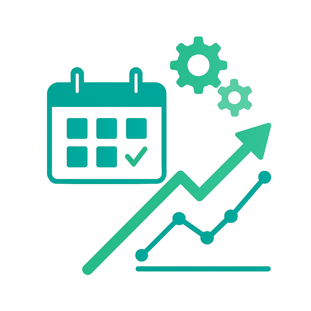 Illustration verte d’un calendrier et d’engrenages symbolisant l’organisation et la planification de l’entreprise