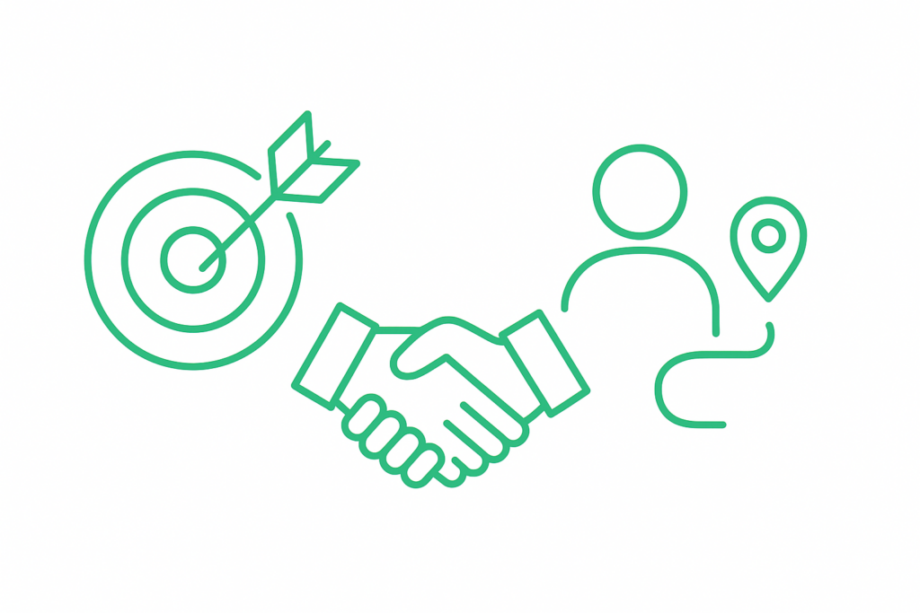 Illustration verte de deux personnes avançant ensemble avec une cible et une flèche symbolisant l’accompagnement personnalisé pour atteindre ses objectifs