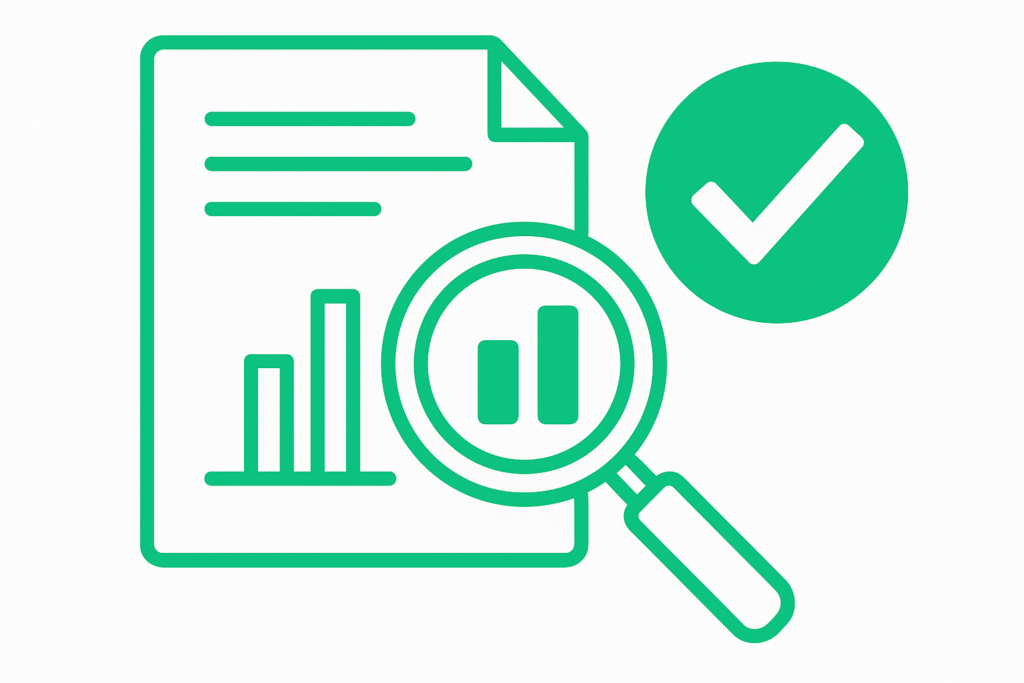 Illustration verte avec un rapport financier, une loupe et un check représentant la vérification et la fiabilité des comptes