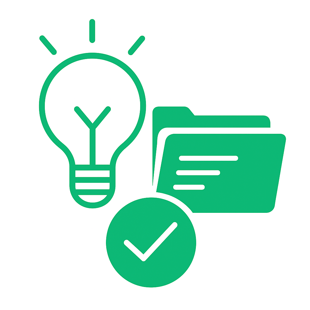 Illustration verte avec une ampoule, un dossier de documents et un symbole check représentant le conseil sur mesure et la prise de décision éclairée
