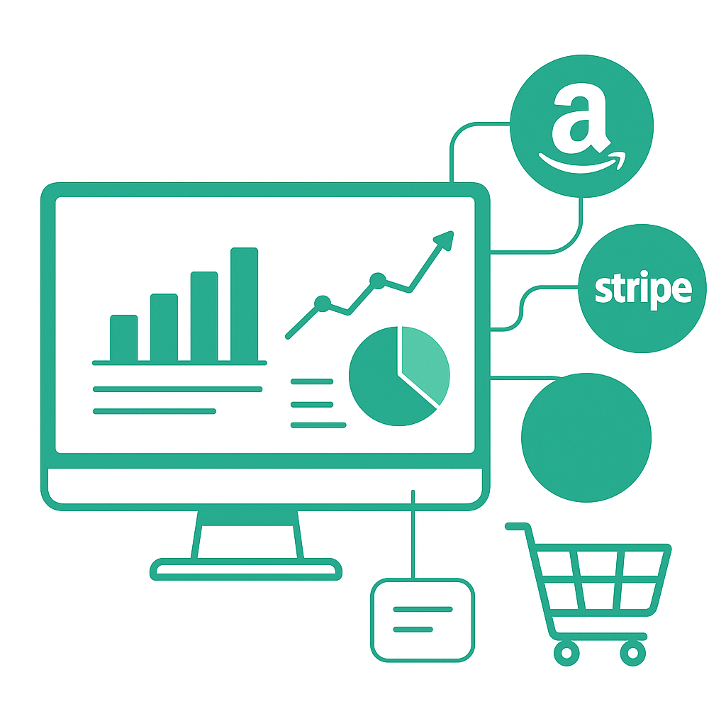Illustration minimaliste en vert et blanc représentant l’intégration e-commerce : un écran affiche des graphiques (barres, camembert, courbe), connecté par des lignes aux logos Shopify, Amazon et Stripe, avec un pictogramme de panier d’achat.