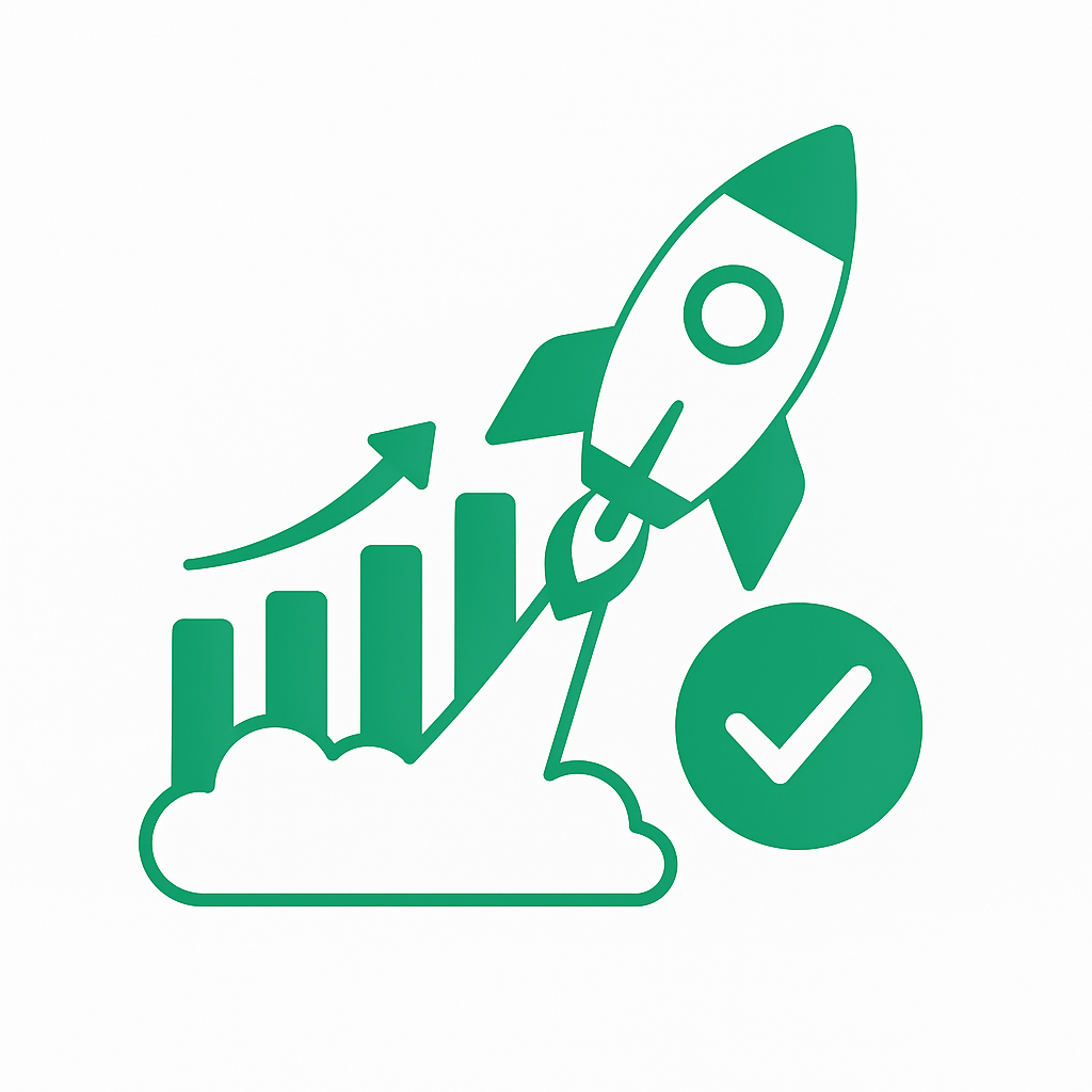 Illustration verte d’une fusée décollant au-dessus d’un graphique en croissance symbolisant l’innovation et le développement de l’entreprise